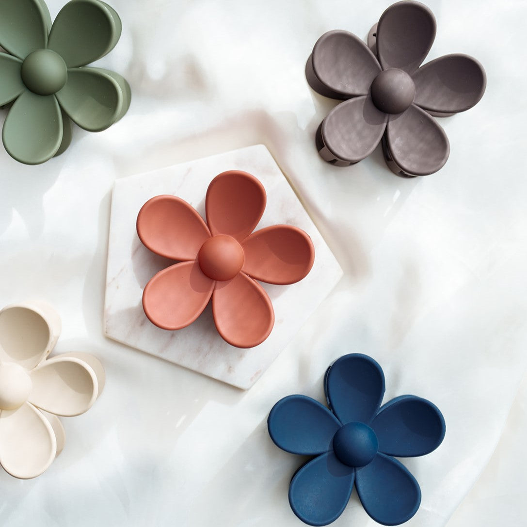haarspeld bloem haarklem clips extra tandjes glad haar fijn dik stevig roest oranje bruin blauw groen beige 