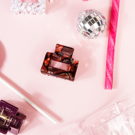 Mini Viv clip kleine vierkante haarspeld glitter donkerbruin